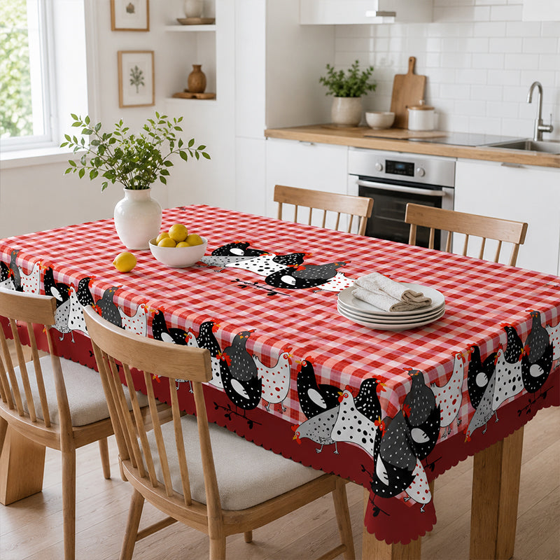 🐓 Farmhouse Rooster Tablecloth – Red Buffalo Plaid Chicken Table Cover, Spill Proof & Scalloped Lace Edge ✨