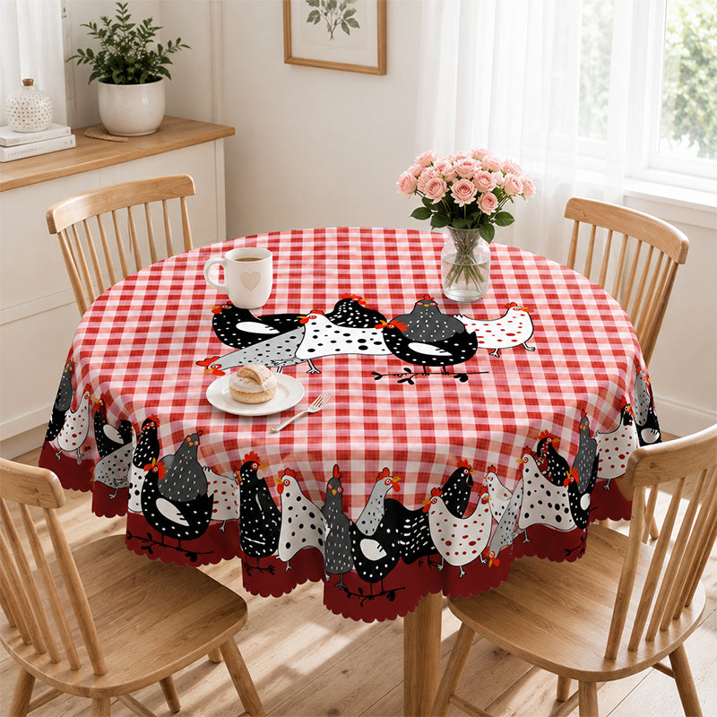🐓 Farmhouse Rooster Tablecloth – Red Buffalo Plaid Chicken Table Cover, Spill Proof & Scalloped Lace Edge ✨