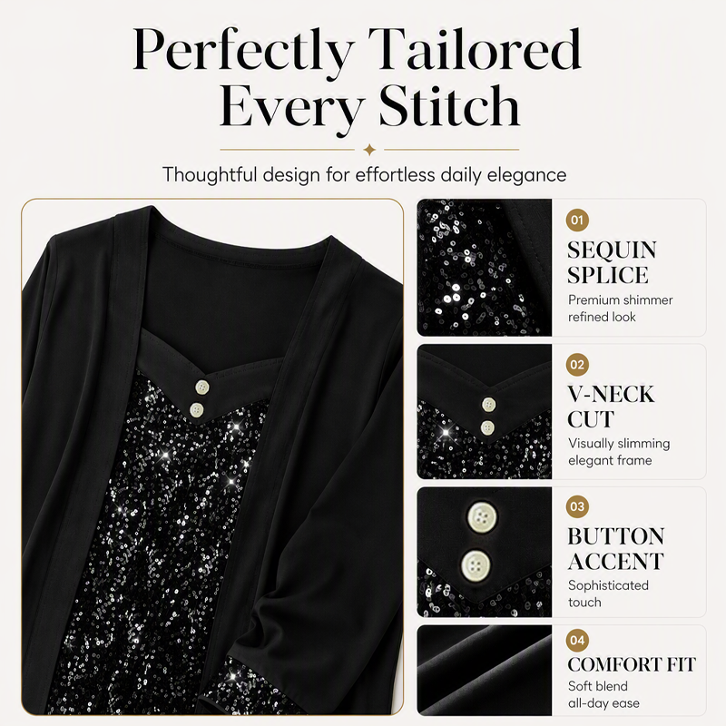 ✨👚Mock Layered Top with Sequin Detail – Eye-Catching Shine & Versatile Wear for Any Occasion