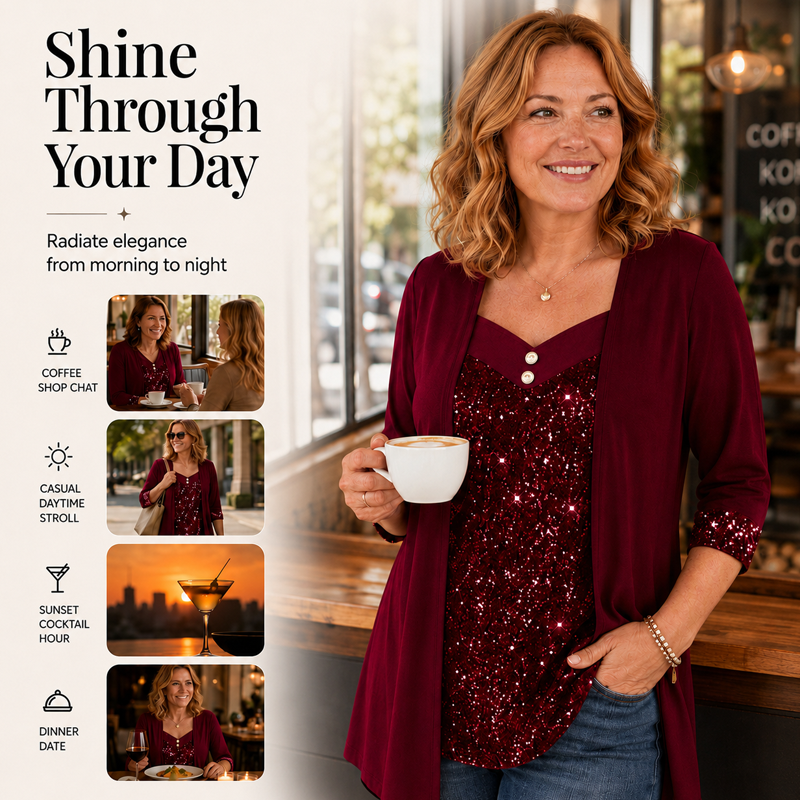 ✨👚Mock Layered Top with Sequin Detail – Eye-Catching Shine & Versatile Wear for Any Occasion