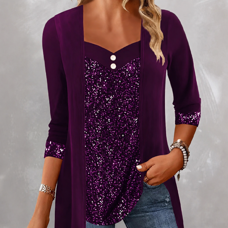 ✨👚Mock Layered Top with Sequin Detail – Eye-Catching Shine & Versatile Wear for Any Occasion