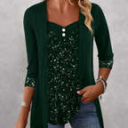 ✨👚Mock Layered Top with Sequin Detail – Eye-Catching Shine & Versatile Wear for Any Occasion