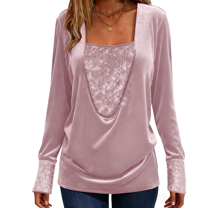 Women's Sequin Patchwork Long Sleeve Top
