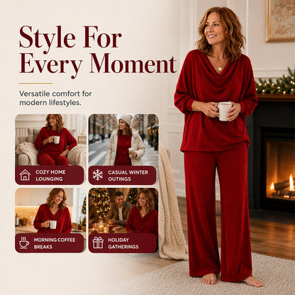 💖🍂 Women's Cowl Neck Top and Wide-Leg Pants Set – Effortless Elegance for Autumn