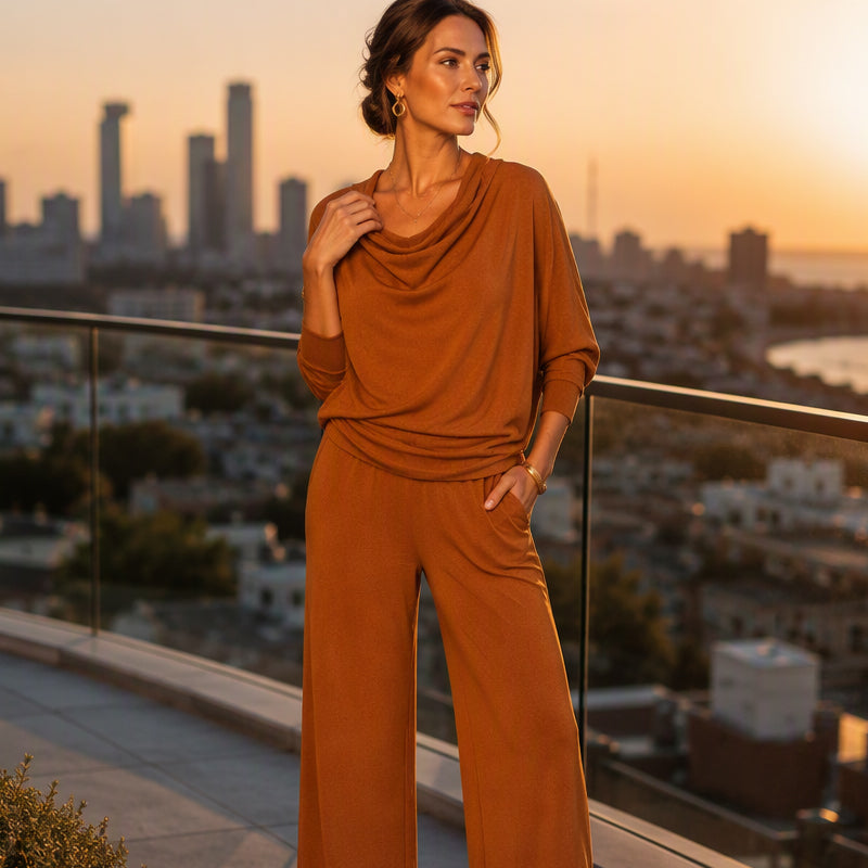 💖🍂 Women's Cowl Neck Top and Wide-Leg Pants Set – Effortless Elegance for Autumn
