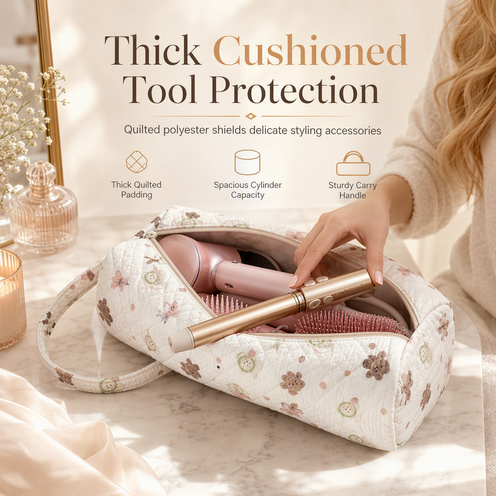 Portable Quilted Travel Storage Bag with Handle for Hair Dryer Curling Iron and Hair Straightener