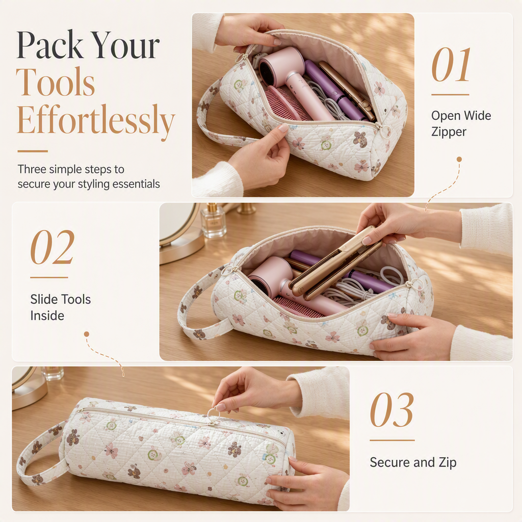 Portable Quilted Travel Storage Bag with Handle for Hair Dryer Curling Iron and Hair Straightener