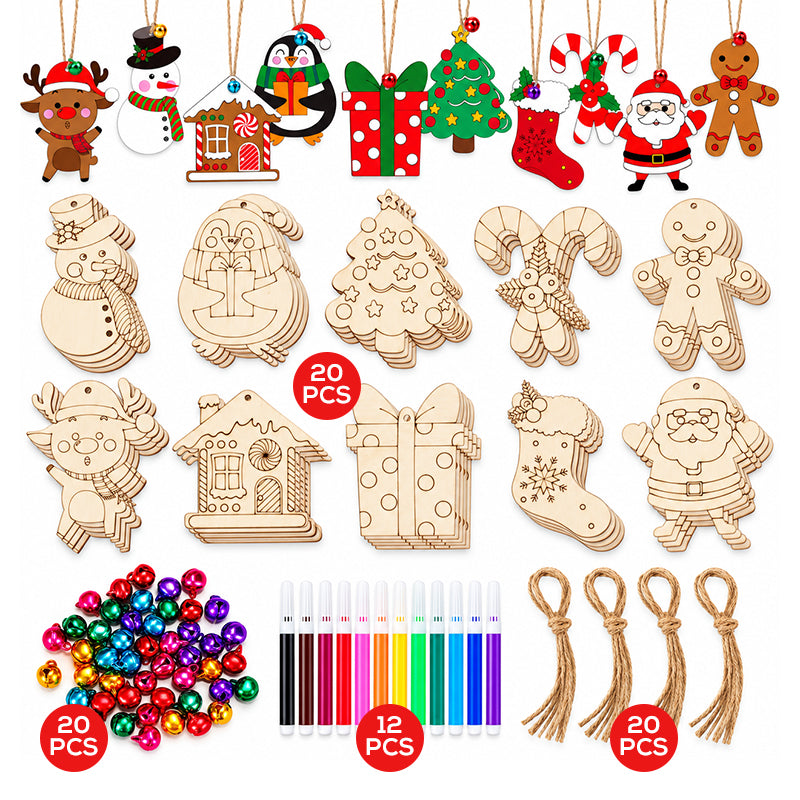 DIY Christmas Wooden Ornaments Kit with Pens and Bells