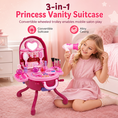 👑 ✨ 3-in-1 Princess Vanity Suitcase — 30 Makeup Toys & Rolling Trolley 🧳